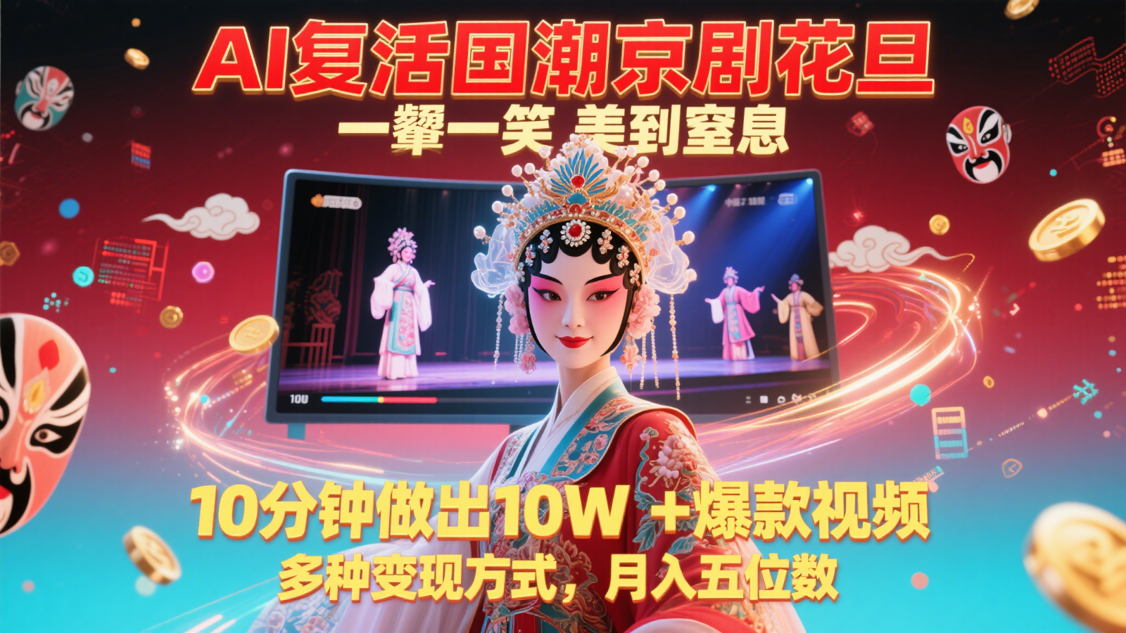 AI复活国潮京剧花旦，一颦一笑美到窒息，10分钟做出10W+爆款视频，多种变现方式，…白米粥资源网-汇集全网副业资源白米粥资源网