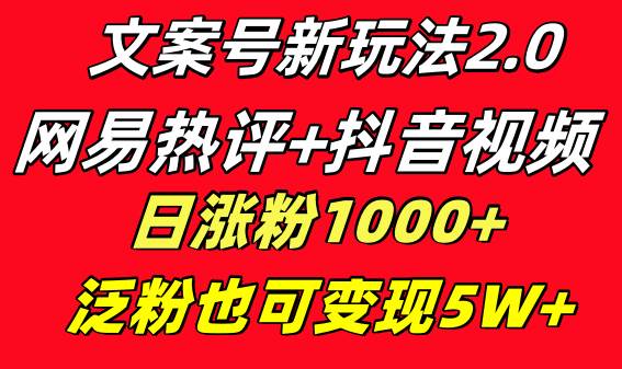 文案号新玩法 网易热评 抖音文案 一天涨粉1000  多种变现模式 泛粉也可变现白米粥资源网-汇集全网副业资源白米粥资源网